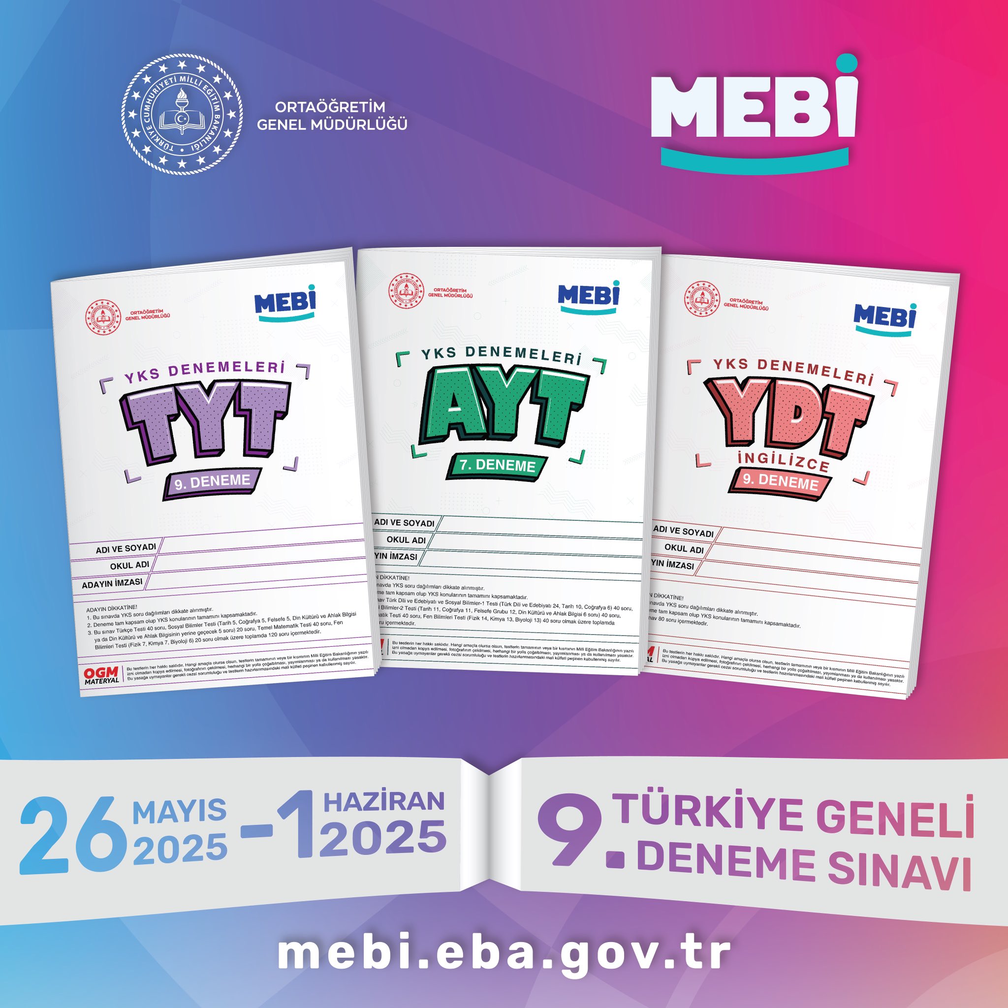MEBİ 9. Türkiye Geneli YKS Deneme Sınavı 26 Mayıs'ta Başlıyor!