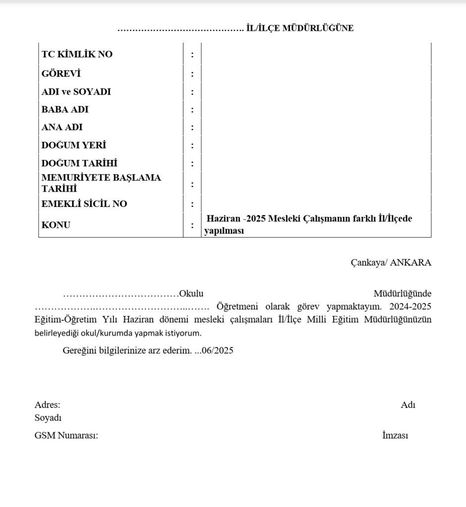 Haziran Seminerini Farklı İlde Yapmak İsteyen Öğretmenler İçin Dilekçe Örneği
