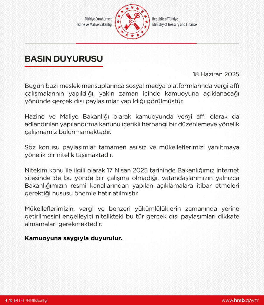 Bakanlıktan Vergi Affı Haberlerine İlişkin Resmî Açıklama