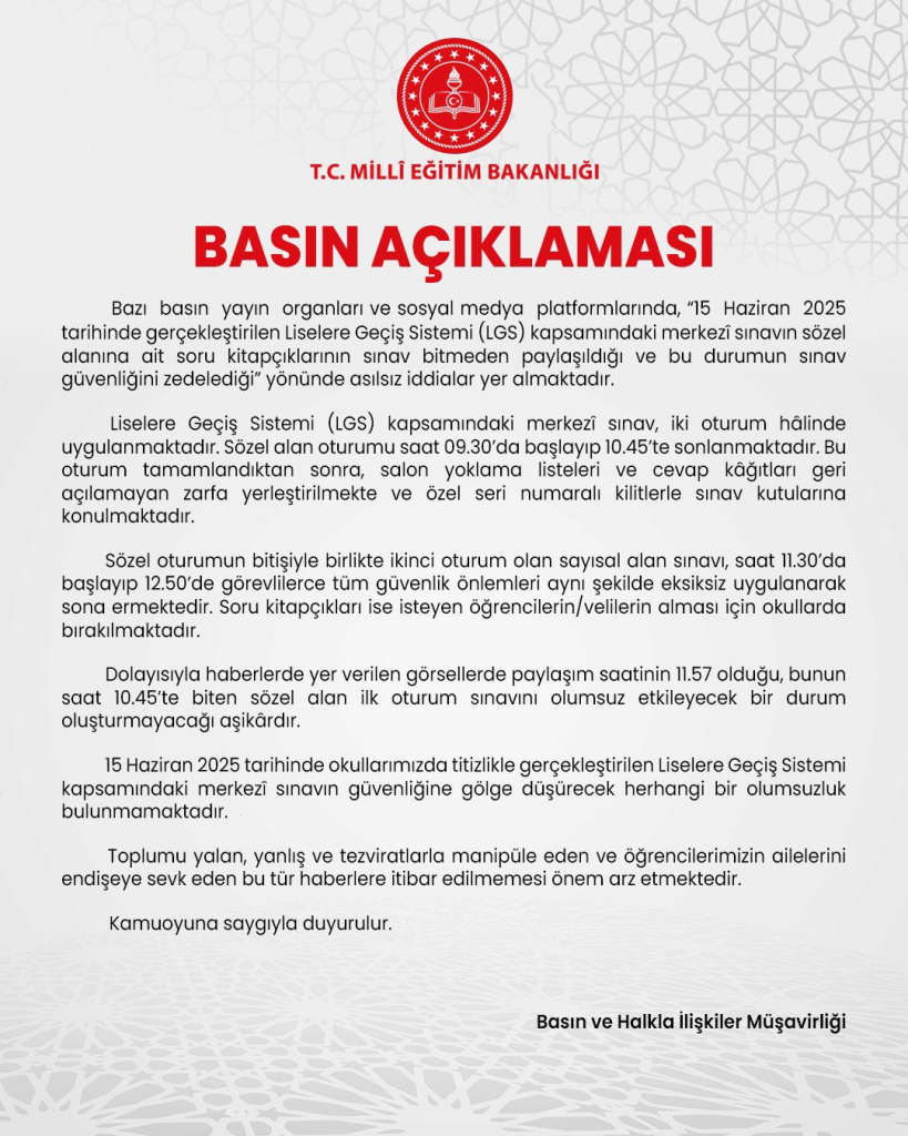 Milli Eğitim Bakanlığı’ndan LGS Hakkında Açıklama: “Manipülasyonlara İtibar Etmeyin” Milli Eğitim Bakanlığı’ndan LGS Hakkında Açıklama: “Manipülasyonlara İtibar Etmeyin”