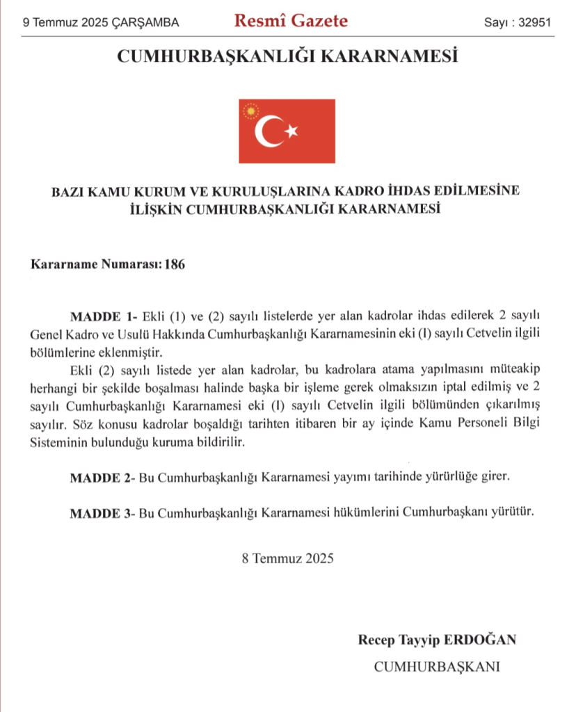 Bazı Kamu Kurum ve Kuruluşlarına Yeni Kadro İhdası Yapıldı! Resmî Gazete’de Yayımlandı