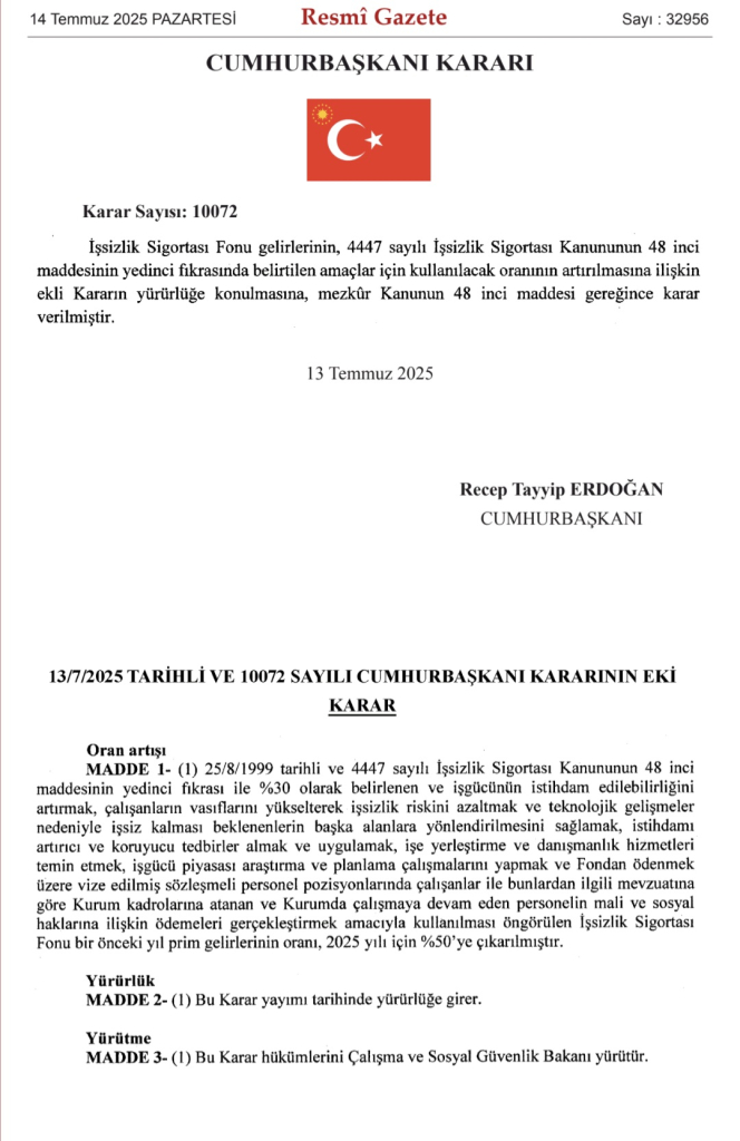İşsizlik Sigortası Fonu Payı 2025 Yılı İçin Yüzde 50'ye Çıkarıldı! Resmî Gazete’de Yayımlandı
