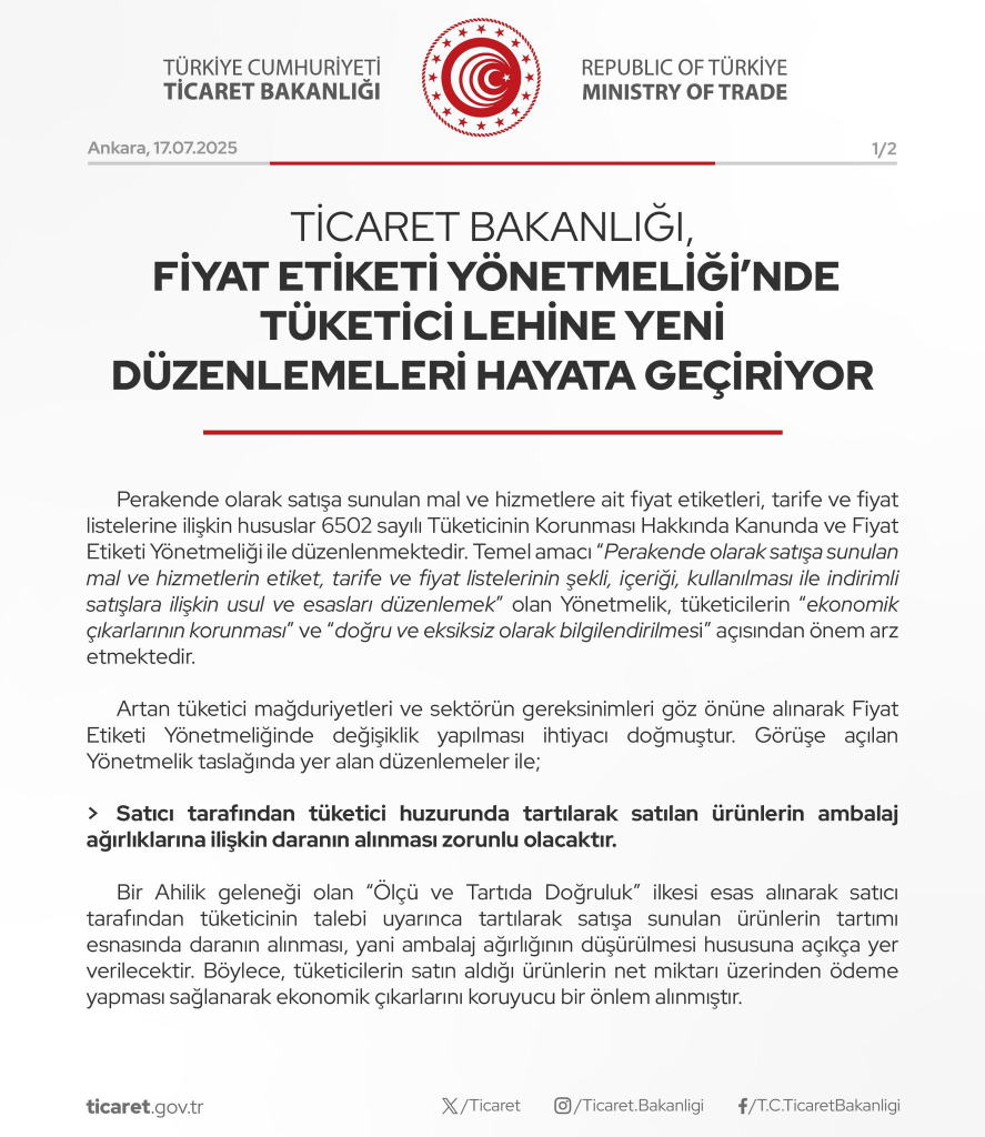 Ticaret Bakanlığı'ndan Fiyat Etiketi Yönetmeliği'nde Tüketici Lehine Yeni Düzenlemeler Ticaret Bakanlığı'ndan Fiyat Etiketi Yönetmeliği'nde Tüketici Lehine Yeni Düzenlemeler