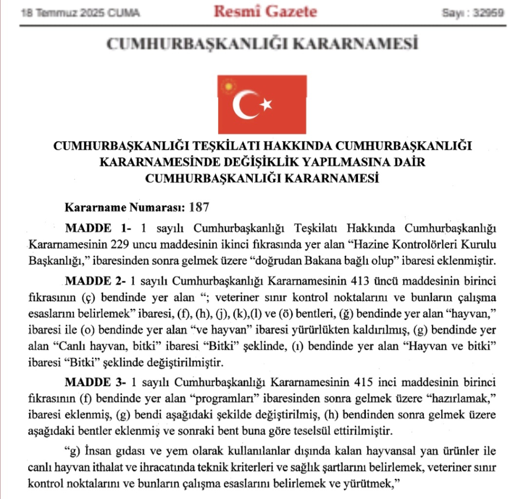 Cumhurbaşkanlığı Teşkilat Yapısında Değişiklik: Veteriner ve Hayvancılık Politikalarında Yeni Düzenlemeler