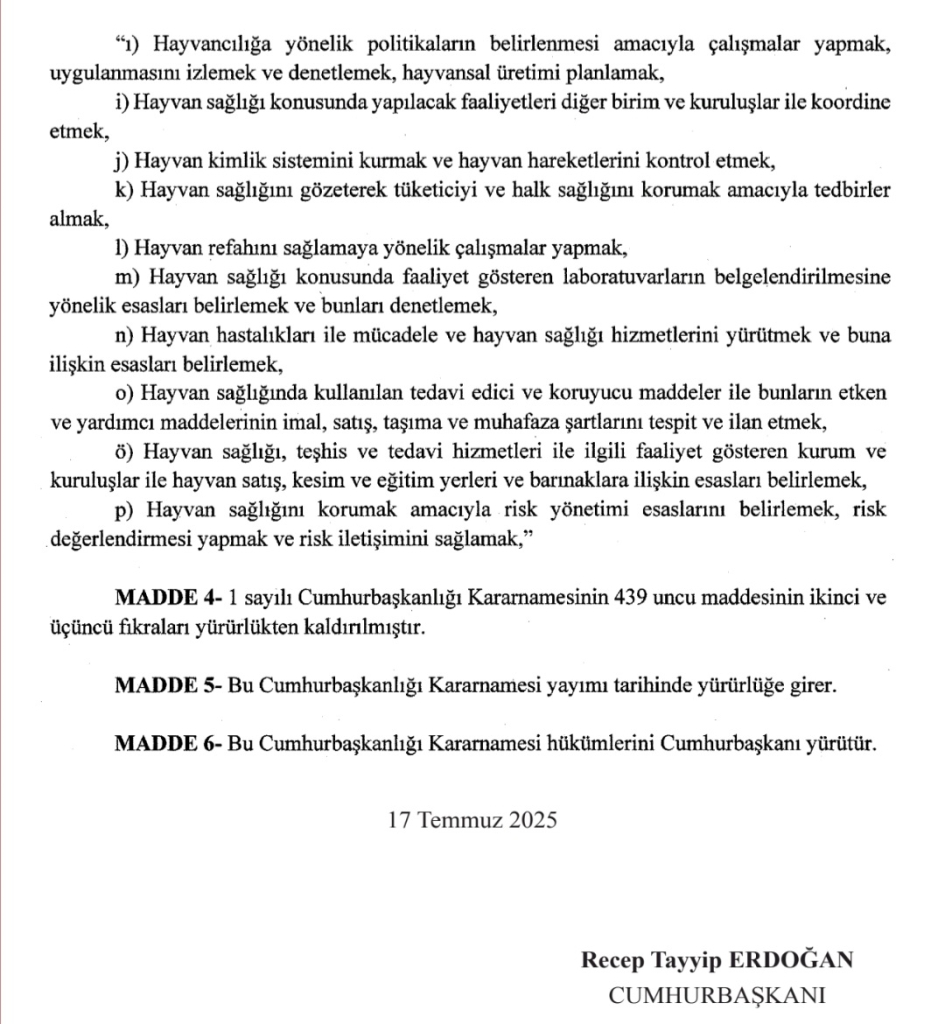 Cumhurbaşkanlığı Teşkilat Yapısında Değişiklik: Veteriner ve Hayvancılık Politikalarında Yeni Düzenlemeler