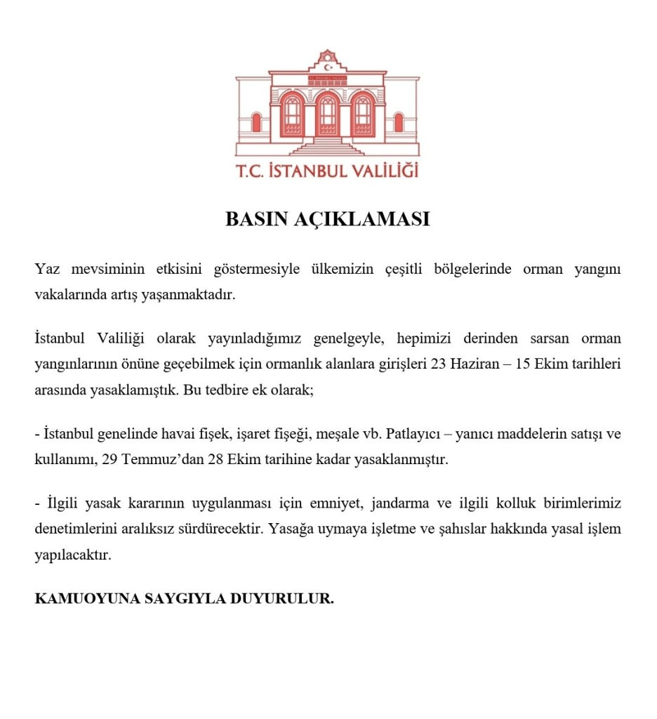 İstanbul Valiliği'nden Orman Yangınlarına Karşı Havai Fişek ve Patlayıcı Maddelere Geçici Yasak Geldi