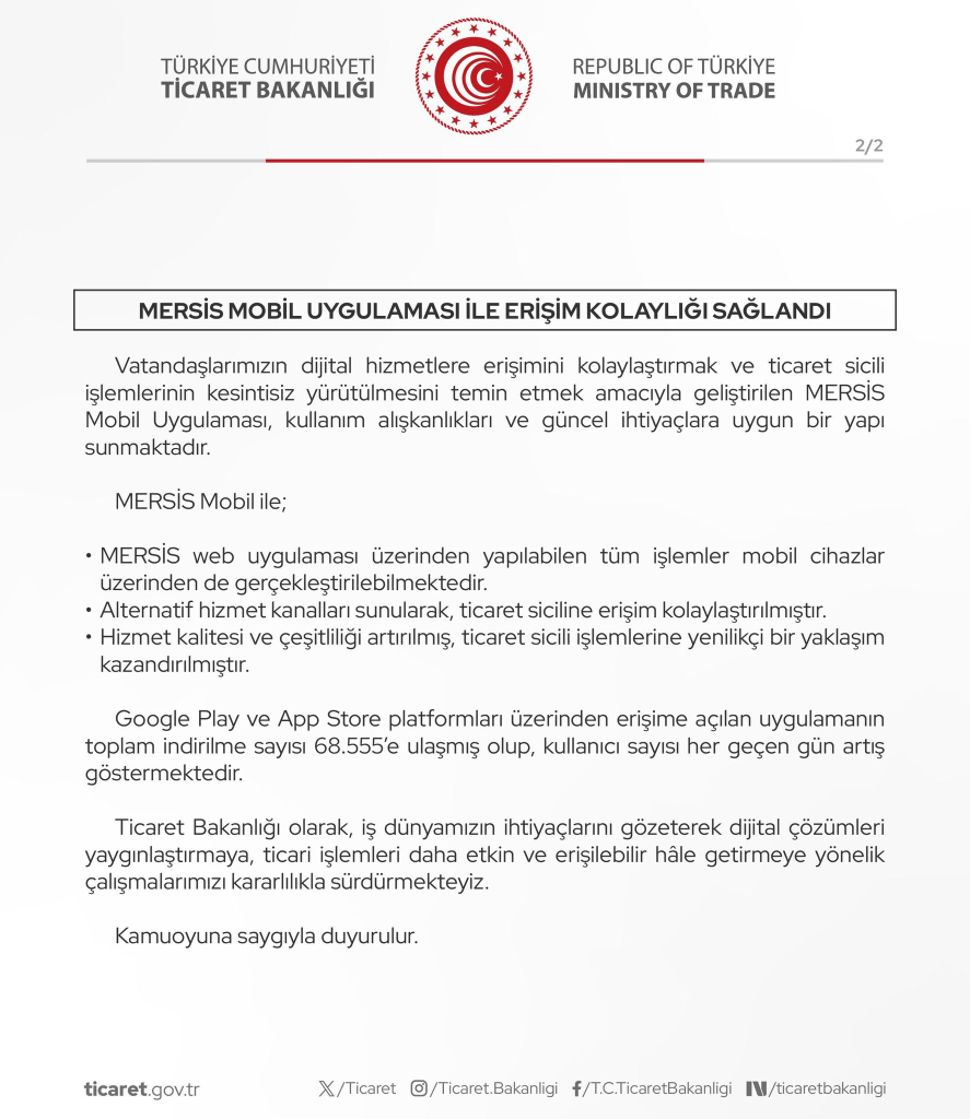 MERSİS'in Aktif Kullanıcı Sayısı 3,3 Milyonu Aştı, Mobil Uygulama 68 Bin Kez İndirildi!