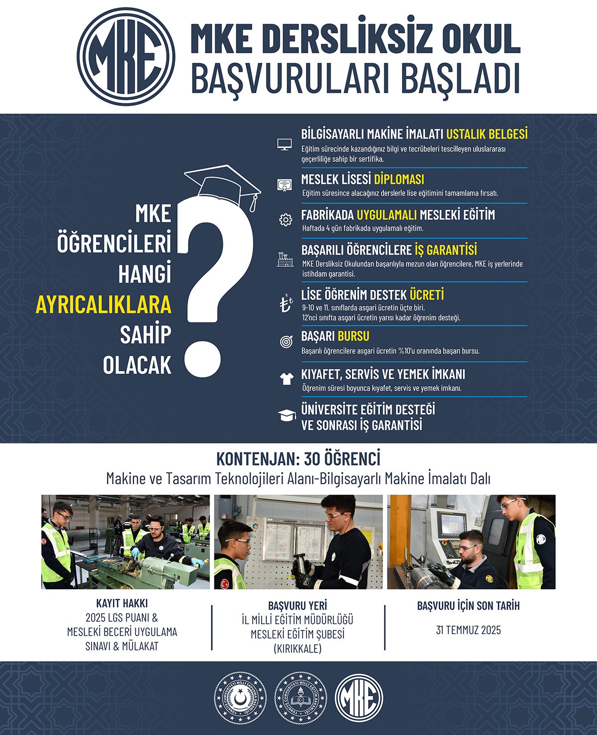 MKE Dersliksiz Okul İçin Başvurular Başladı! LGS Puanıyla Öğrenci Alımı Yapılacak