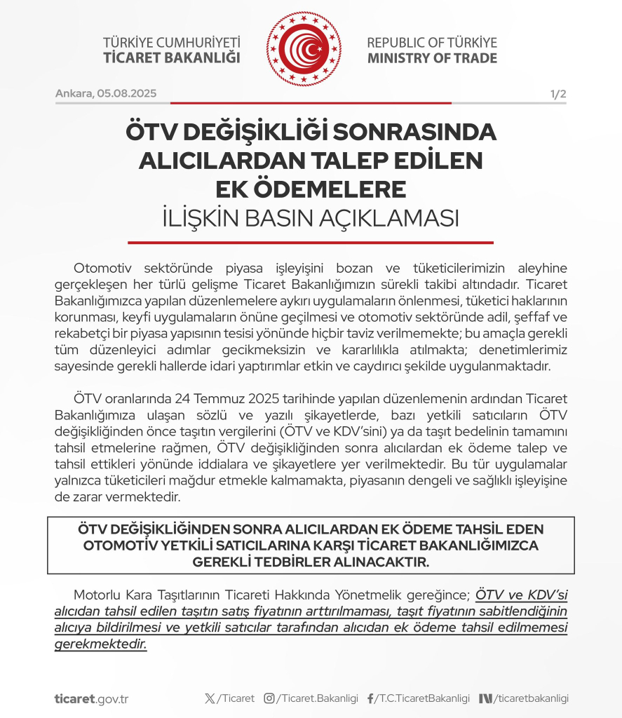 Ticaret Bakanlığı'ndan ÖTV Değişikliği Sonrası Ek Ödeme Alan Bayilere Uyarı: Yüksek Cezalar Kapıda!
