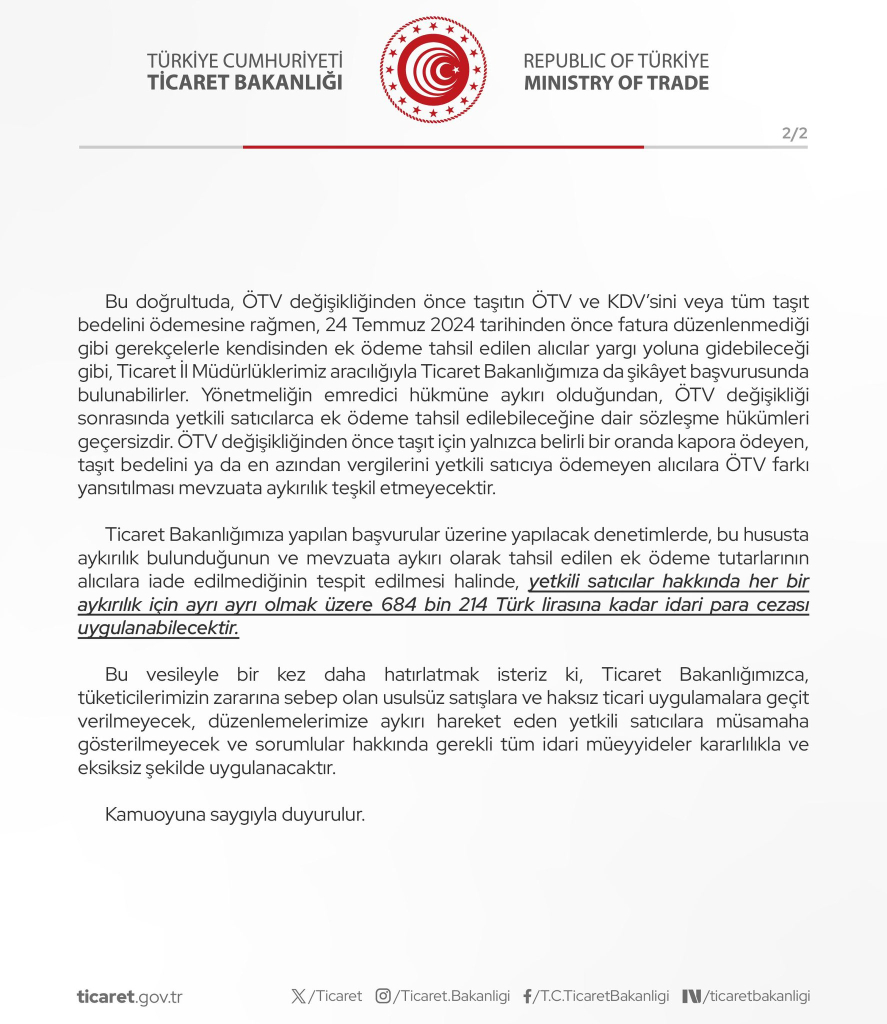 Ticaret Bakanlığı'ndan ÖTV Değişikliği Sonrası Ek Ödeme Alan Bayilere Uyarı: Yüksek Cezalar Kapıda!