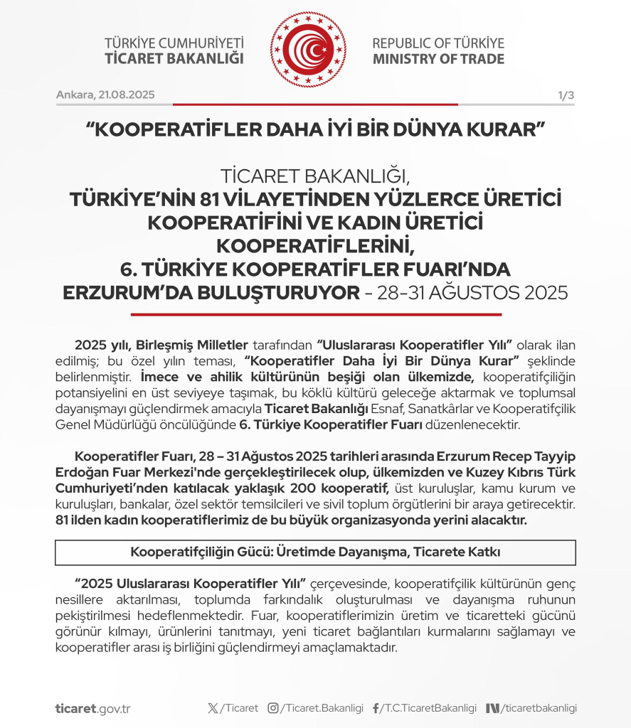 Ticaret Bakanlığı 6. Türkiye Kooperatifler Fuarı’nı Erzurum’da Düzenliyor: 81 İlden Yüzlerce Kadın ve Üretici Kooperatifi Buluşacak