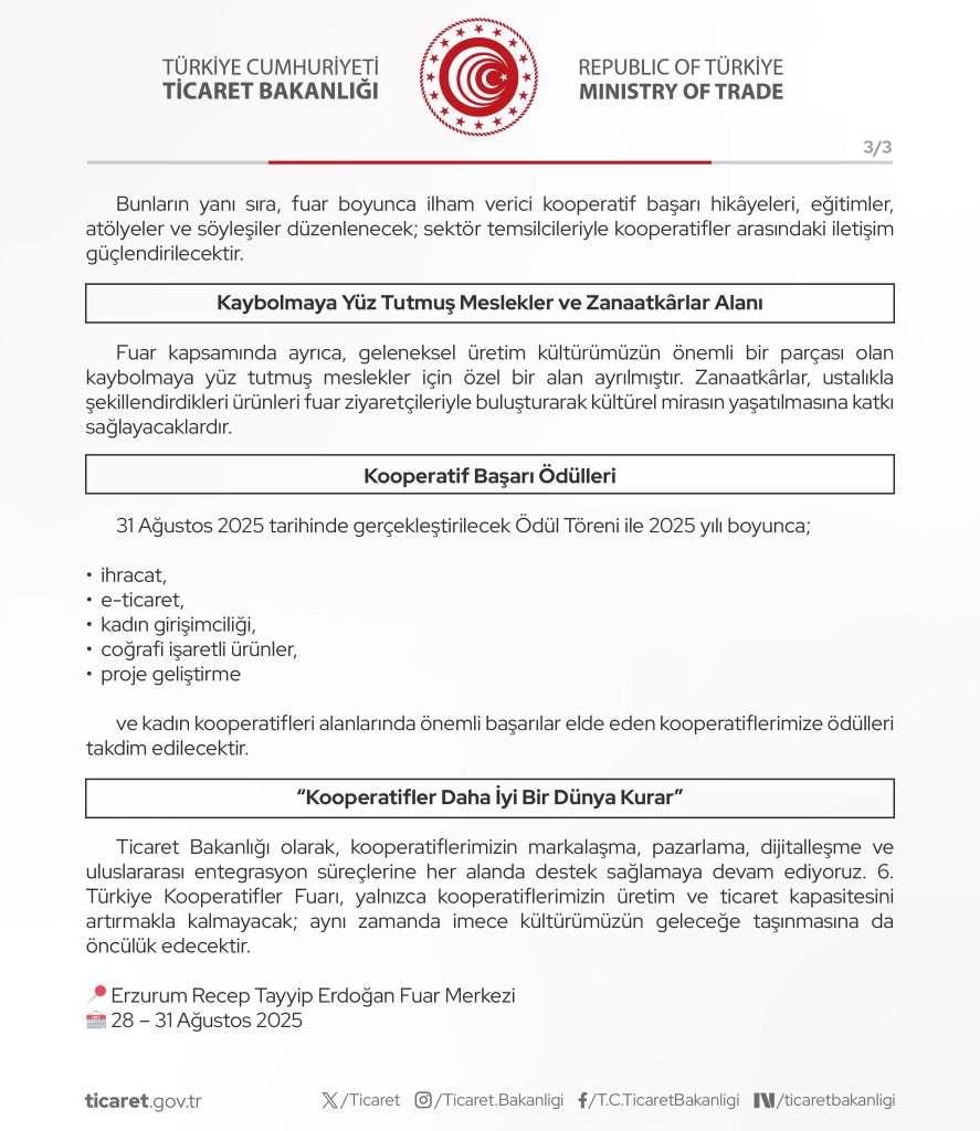 Ticaret Bakanlığı 6. Türkiye Kooperatifler Fuarı’nı Erzurum’da Düzenliyor: 81 İlden Yüzlerce Kadın ve Üretici Kooperatifi Buluşacak