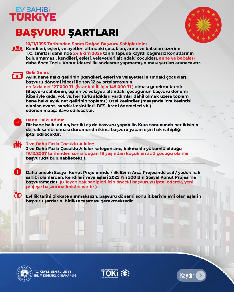 TOKİ 500 Bin Sosyal Konut Başvurusu Başladı! İşte 2025 Başvuru Şartları, Gelir Sınırı ve Kriterler