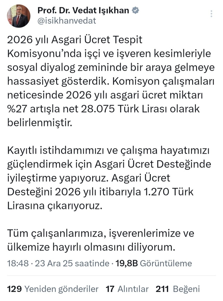 2026 Asgari Ücret Ne Kadar Oldu? Bakan Işıkhan Açıkladı