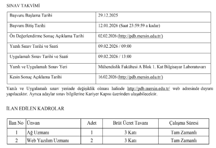 Mersin Üniversitesi 3 Sözleşmeli Bilişim Personeli Alım İlanı