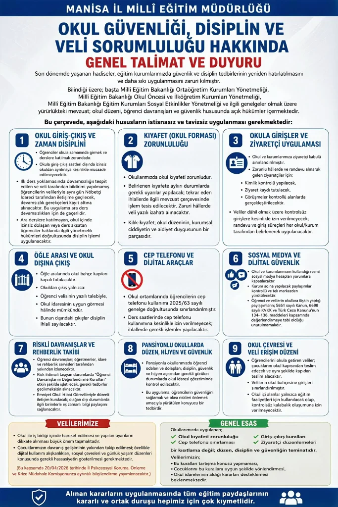 Manisa’da Okullarda Güvenlik ve Disiplin Tedbirleri Artırıldı: Yeni Kurallar ve Veli Sorumlulukları Açıklandı