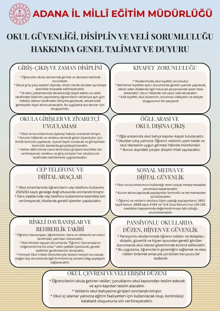 Adana İl Millî Eğitim Müdürlüğü’nden Okul Güvenliği ve Disiplin İçin Yeni Talimat: Güvenlik ve Disiplin Kuralları Açıklandı