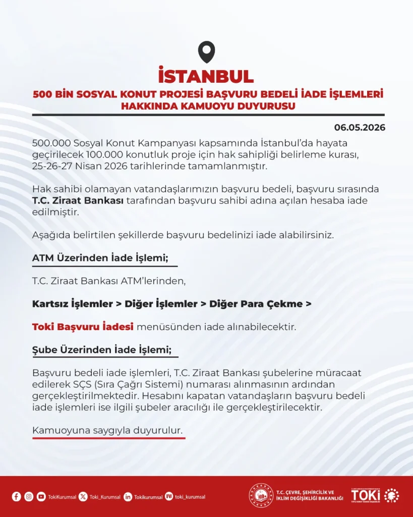 TOKİ İstanbul 500 Bin Sosyal Konut Projesi: Hak Sahibi Olamayanların Başvuru Ücretleri İade Ediliyor! İşte ATM ve Şube Detayları