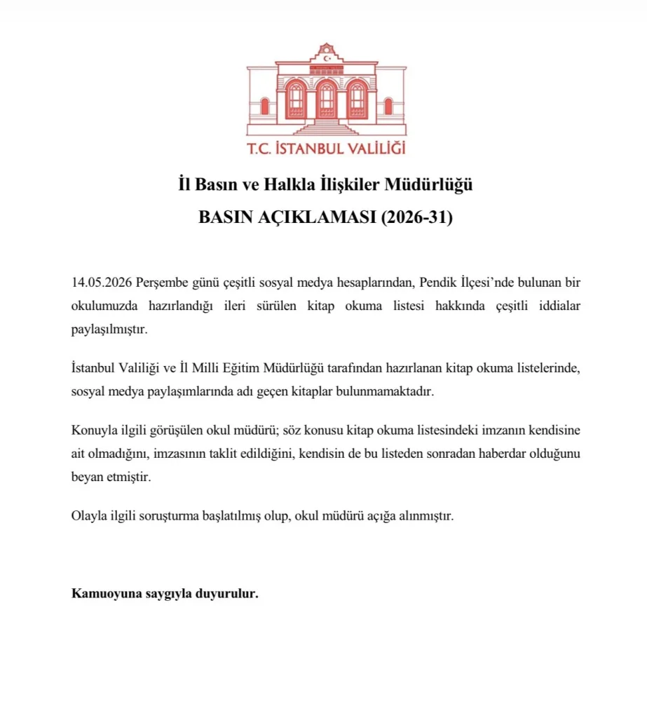 İstanbul Valiliği’nden Pendik’teki Kitap Okuma Listesi İddialarına Açıklama: Soruşturma Başlatıldı İstanbul Valiliği’nden Pendik’teki Kitap Okuma Listesi İddialarına Açıklama: Soruşturma Başlatıldı