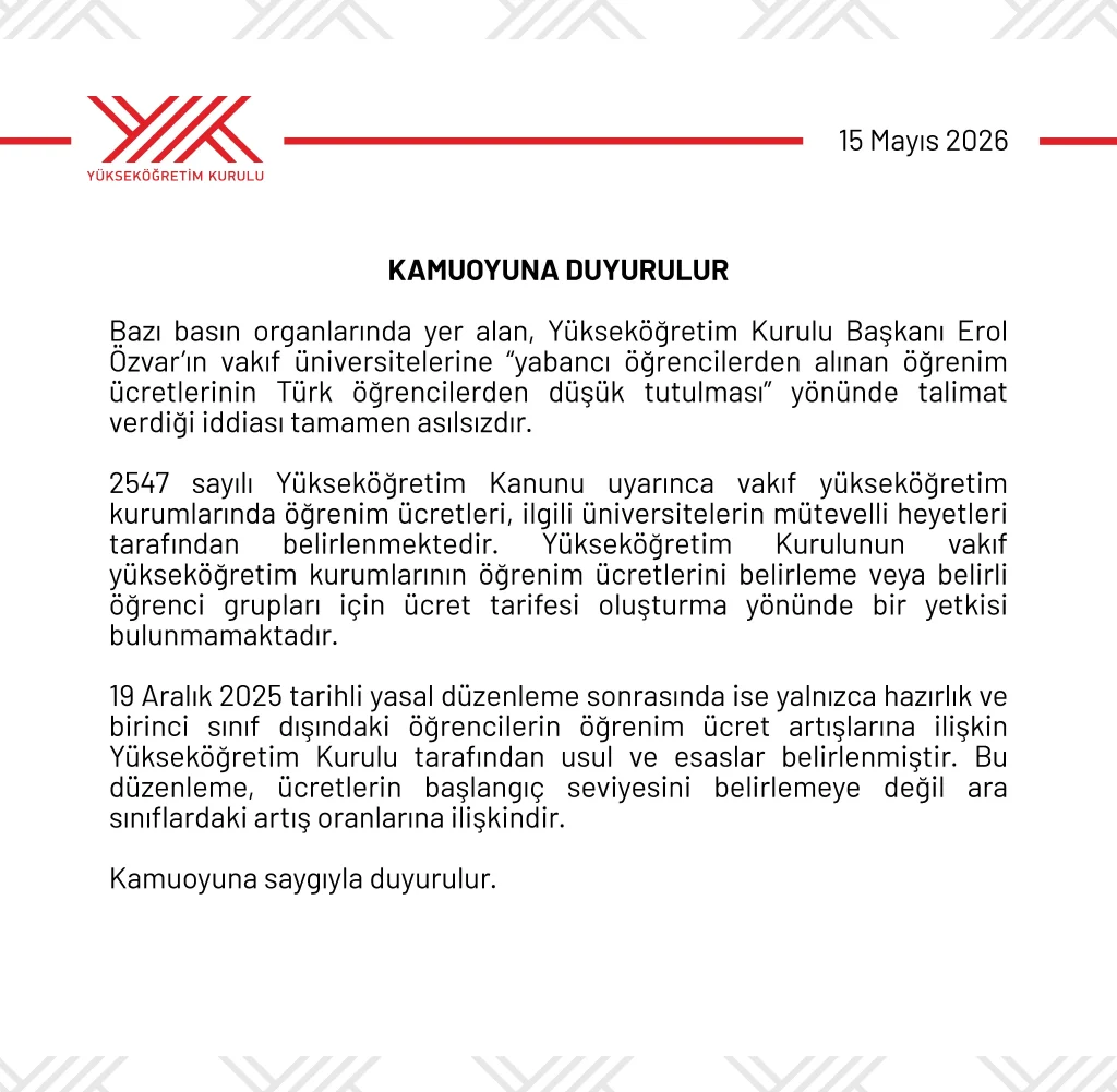 YÖK’ten Vakıf Üniversitelerinin Öğrenim Ücretleriyle İlgili Açıklama YÖK’ten Vakıf Üniversitelerinin Öğrenim Ücretleriyle İlgili Açıklama