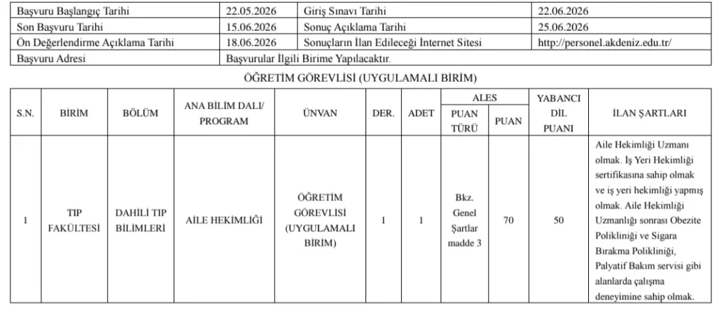 Akdeniz Üniversitesi 8 Öğretim Üyesi ve 4 Öğretim Elemanı Alım İlanı