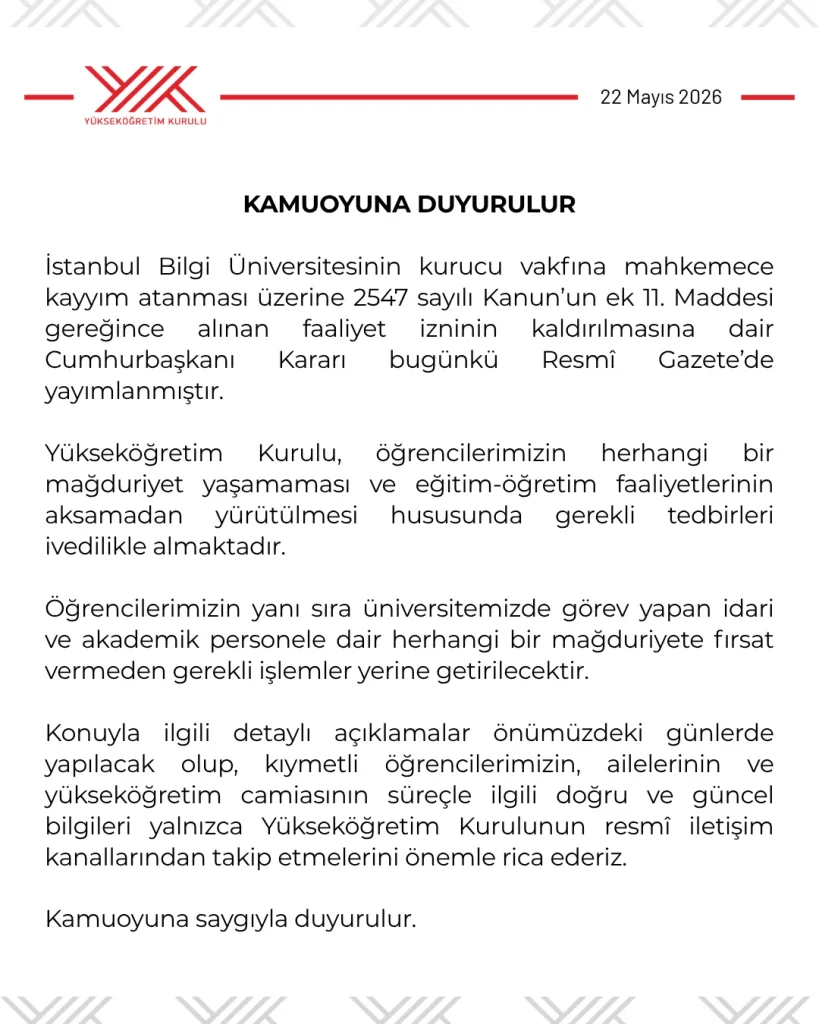 YÖK’ten İstanbul Bilgi Üniversitesi Açıklaması YÖK’ten İstanbul Bilgi Üniversitesi Açıklaması