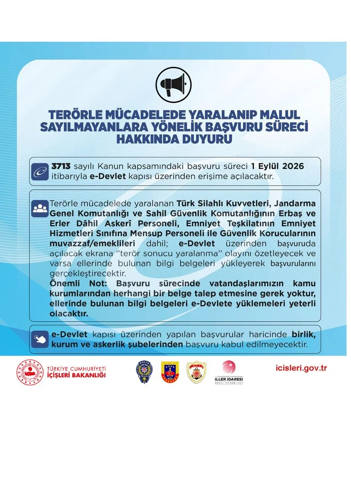 Emniyet Genel Müdürlüğünden Terörle Mücadelede Yaralanıp Malul Sayılmayanlara Yönelik Başvuru Süreci Hakkında Duyuru
