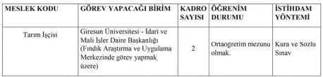 Giresun Üniversitesi 2 Sürekli İşçi Alım İlanı