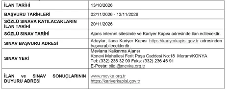 Mevlana Kalkınma Ajansı 1 Uzman Personel Alım İlanı